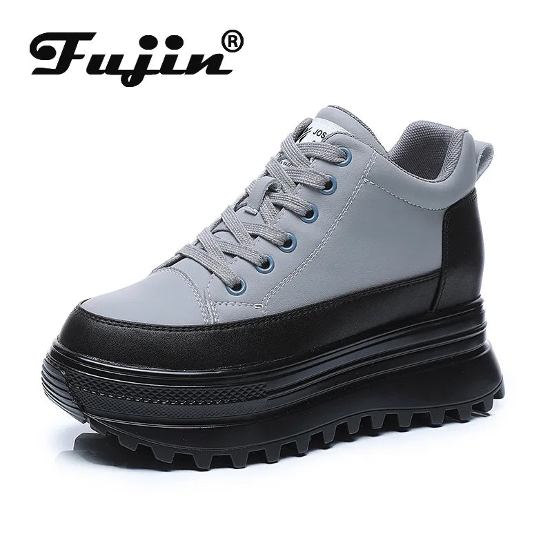 Fujin Genuine Leather Platform Wedge 7cm Hidden Heel Women Causal Shoes Chunky Sneakers Spring Autumn Warm Winter Shoes Women