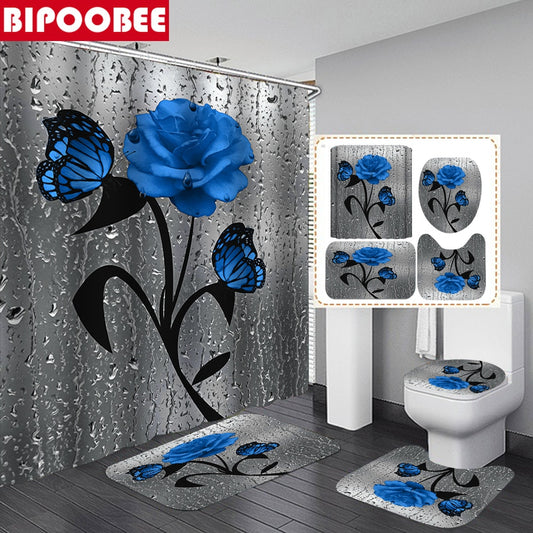 3D Butterfly Flower Fabric Waterproof Shower Curtain